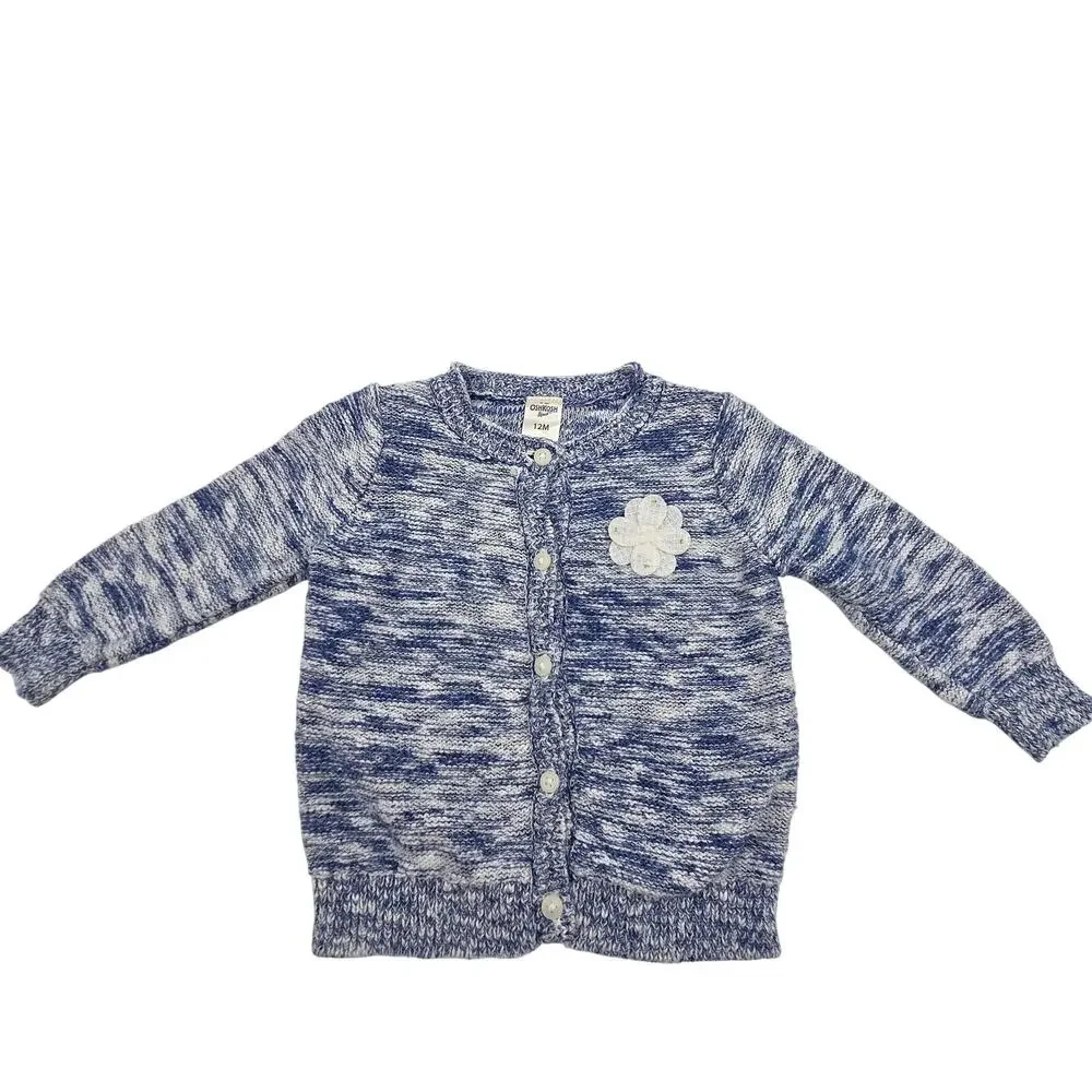 OshKosh‎ B'gosh Cardigan Sweater Baby Girl 12M Blue Excellent Space Dye Flower